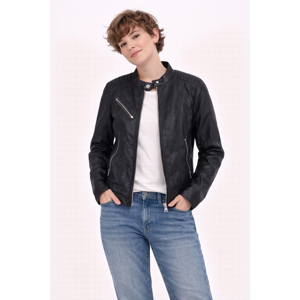 Cavalini Moto Jacket Womens Small Black Quilted Faux Leather Biker BikerCore